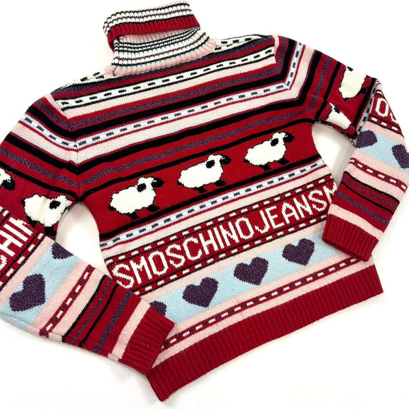 y2k Moschino red striped turtleneck sweater, sheeps, hearts - Picture 6 of 7